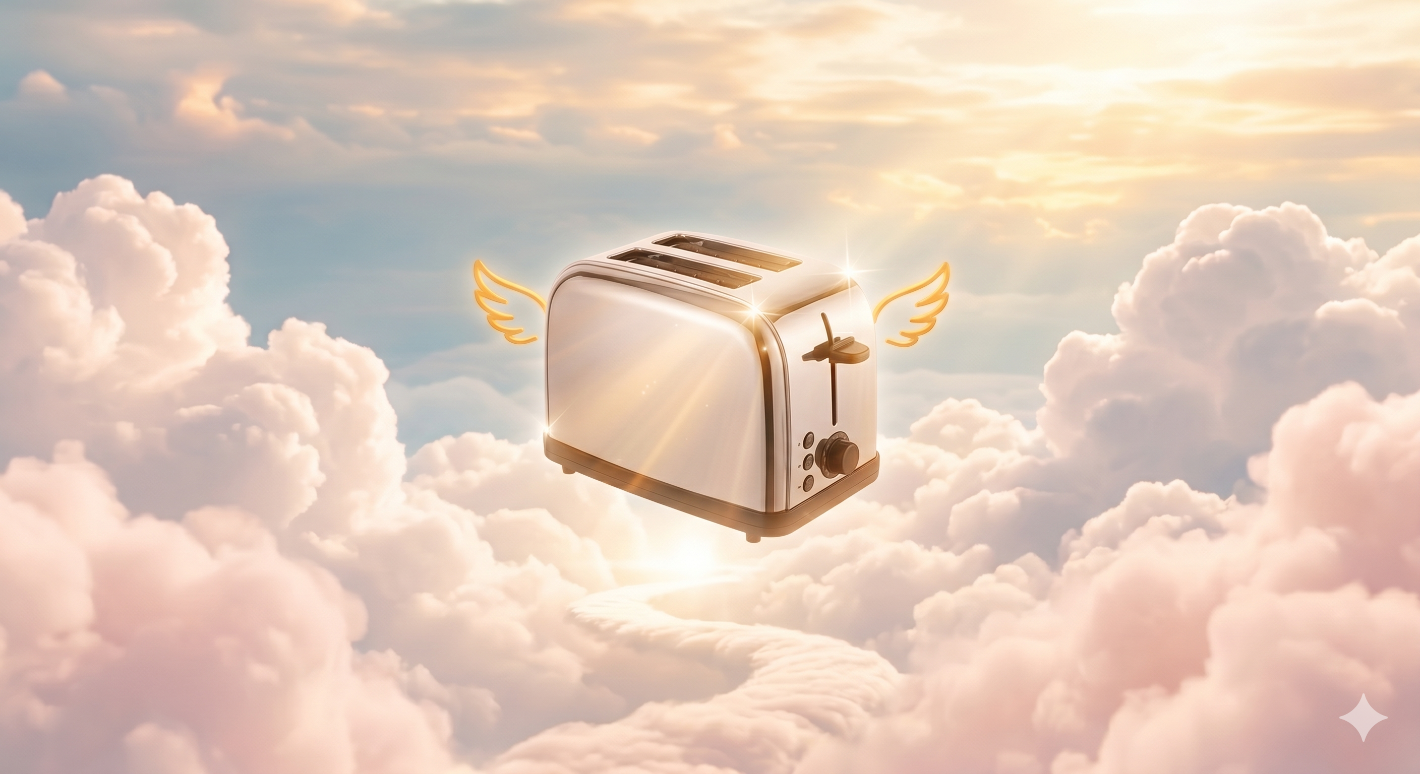 A whimsical toaster floating in heavenly clouds
